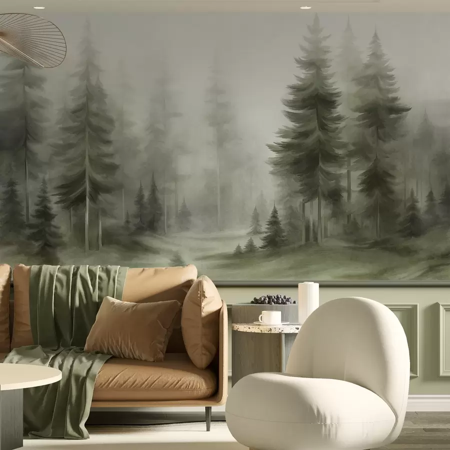 Fotobehang Een dicht bos met hoge dennenbomen in een lichte mist, landschapskunst met veel textuur w09830v1