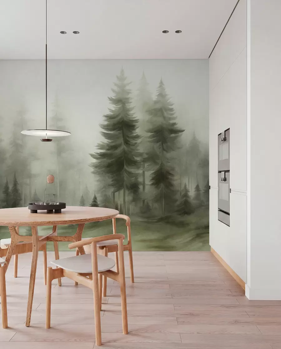 Papier peint photo Une forêt dense peuplée de grands pins dans une légère brume, une œuvre d'art paysager aux textures riches w09830v1
