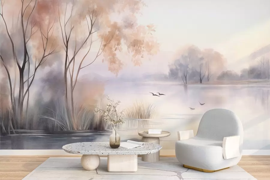 Papier peint photo Paysage : un lac brumeux parsemé d'arbres et de roseaux, avec des oiseaux en vol, dans un style aquarelle texturé w09866