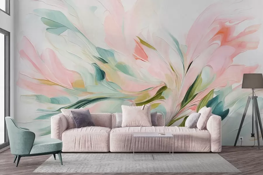 Fotobehang Een abstracte bloemenschilderijstijl met zachte, pastelkleurige penseelstreken op een lichte achtergrond w09871