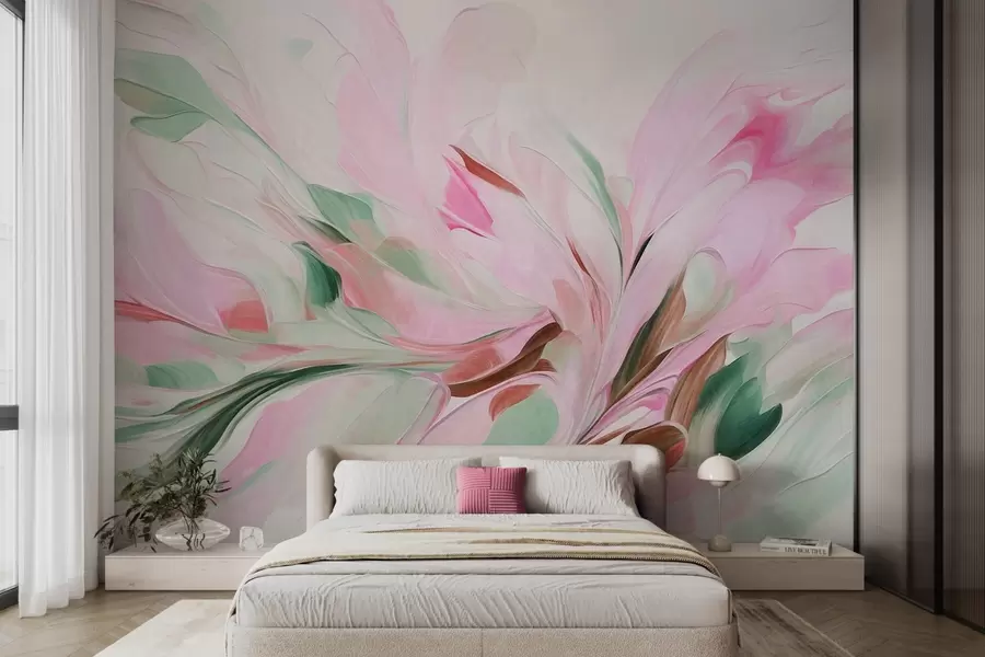 Papier peint photo Peinture florale abstraite, réalisée à l'aide de touches de pinceau aux couleurs pastel douces sur un fond clair w09871v1