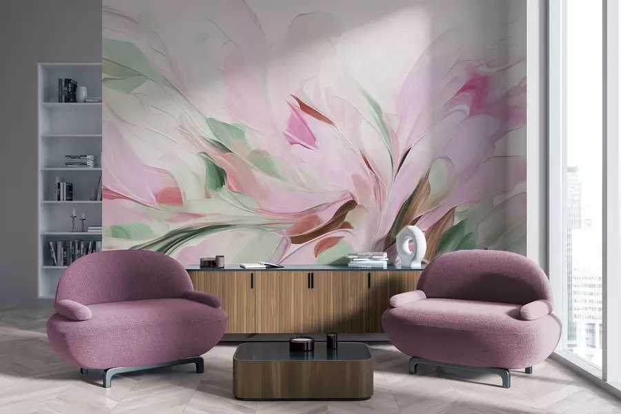 Fotobehang Een abstracte bloemenschilderijstijl met zachte, pastelkleurige penseelstreken op een lichte achtergrond w09871v1