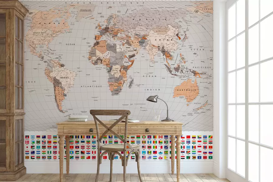Papier peint photo Une carte politique du monde avec des drapeaux dans des tons de marron et de beige, en français c00004frv2