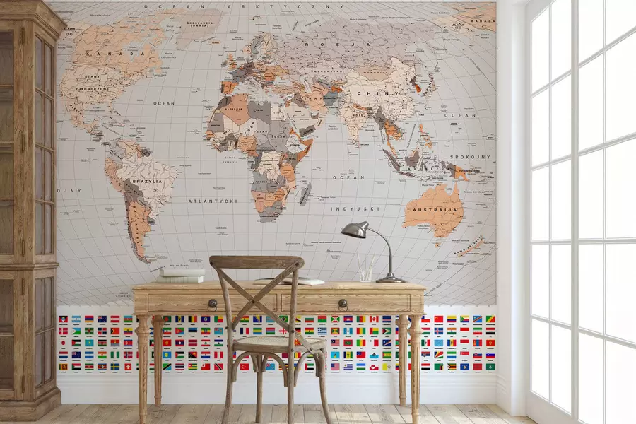 Papier peint photo Une carte politique du monde avec des drapeaux dans des tons de marron et de beige. En polonais c00004plv2