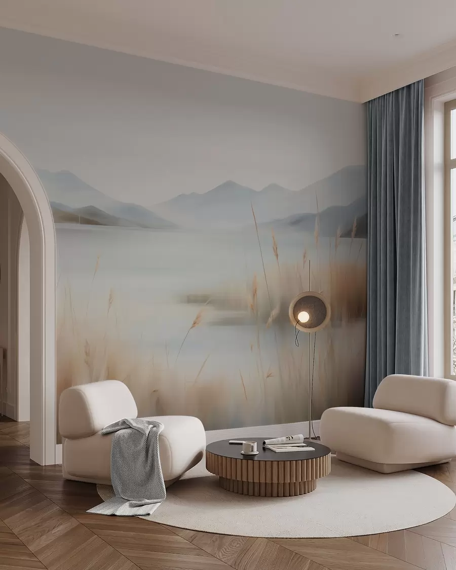 Fotobehang Abstrakt landschap met bergen en een meer w05584