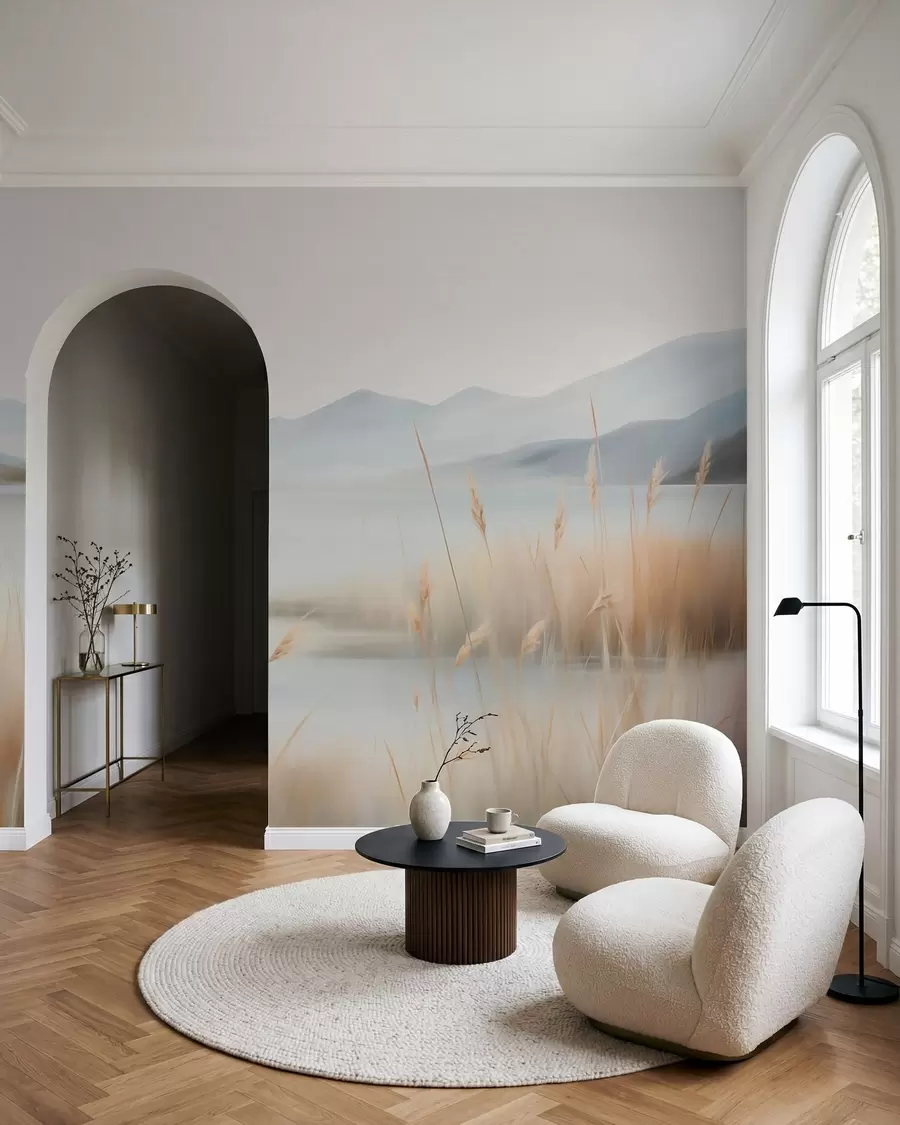 Fotobehang Abstrakt landschap met bergen en een meer w05584