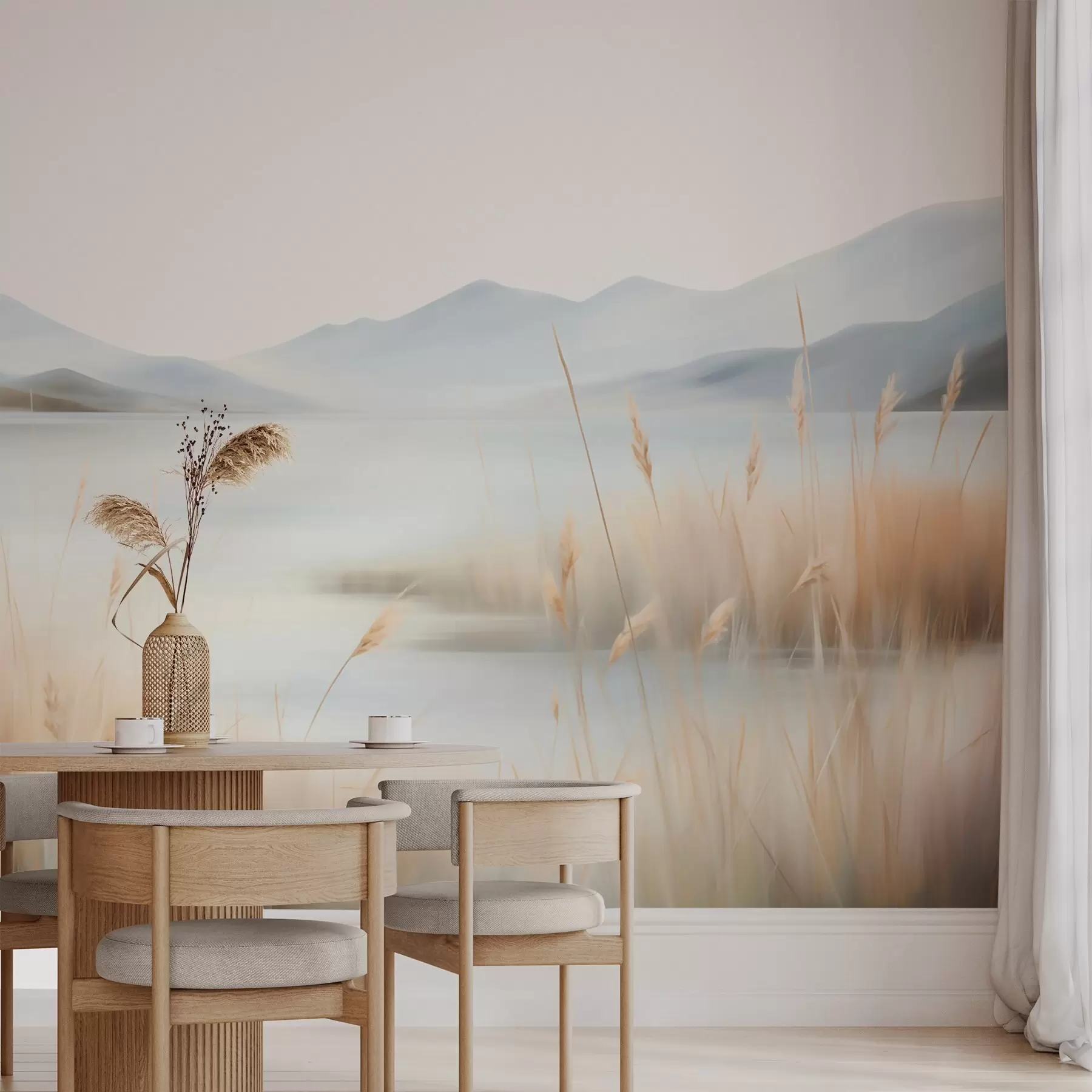 Fotobehang Abstrakt landschap met bergen en een meer w05584