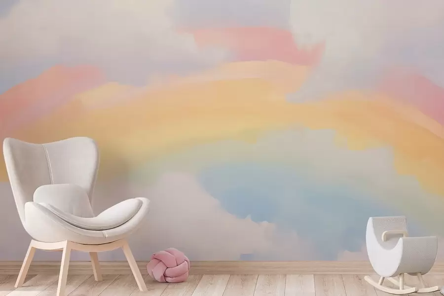 Fotobehang Abstracte regenboog tussen de wolken, schilderijimitatie w05592