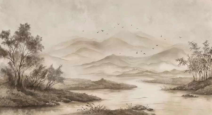 Fotobehang Mistig berglandschap met een rivier en vogels w05535