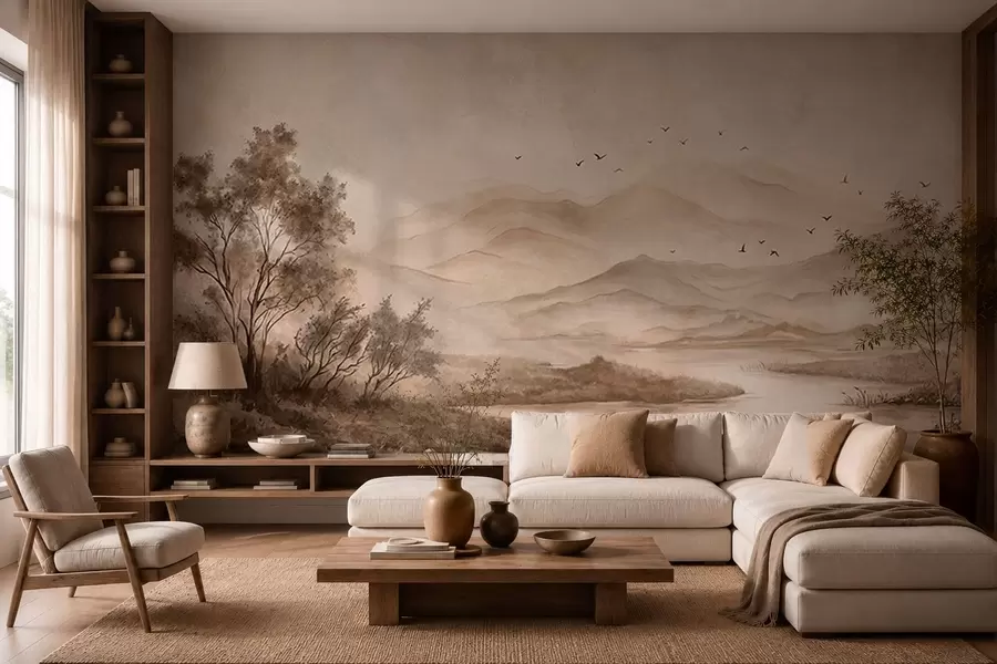Fotobehang Mistig berglandschap met een rivier en vogels w05535