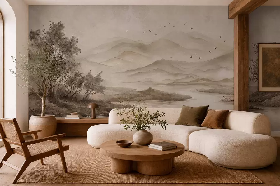 Fotobehang Mistig berglandschap met een rivier en vogels w05535