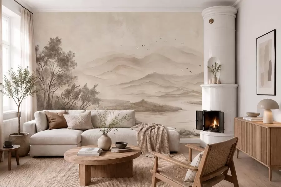 Fotobehang Rustig landschap met een rivier en bergen in de verte w05535v1