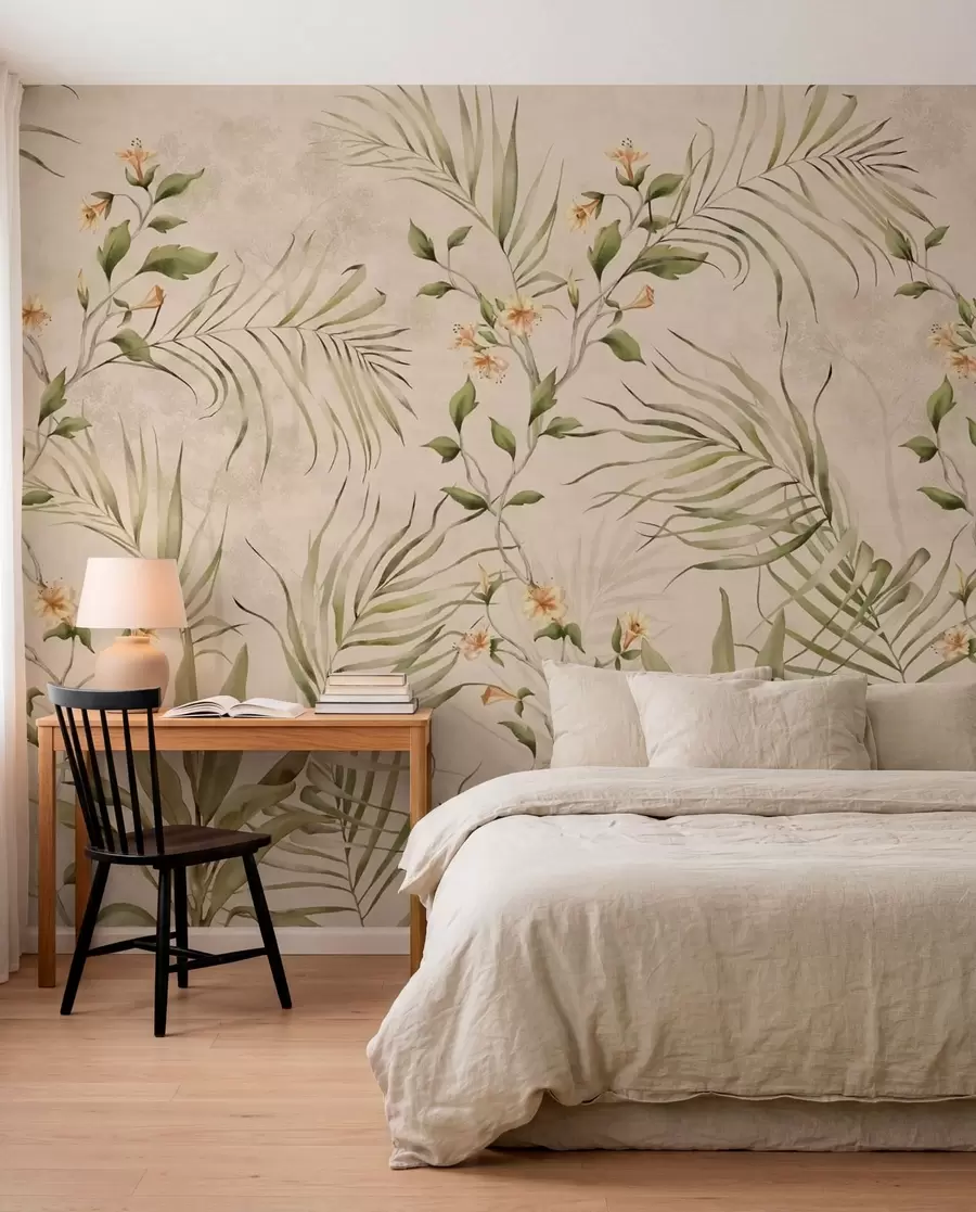 Papier peint photo Feuilles tropicales et fleurs délicates sur fond beige w05625