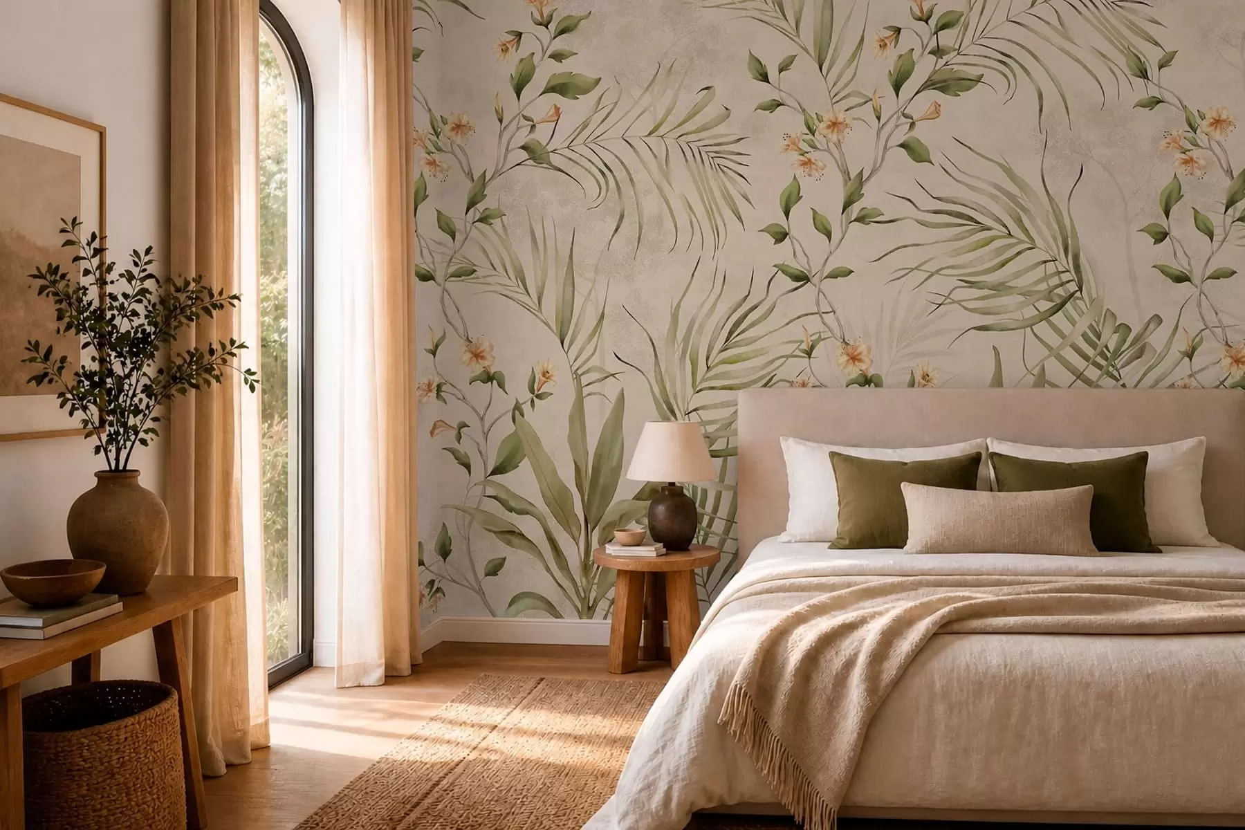 Papier peint photo Feuilles tropicales et fleurs délicates sur fond beige w05625