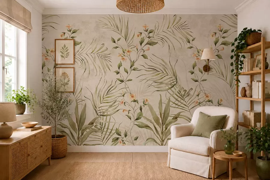 Fotobehang Tropische bladeren en zachte bloemen op een beige achtergrond w05625