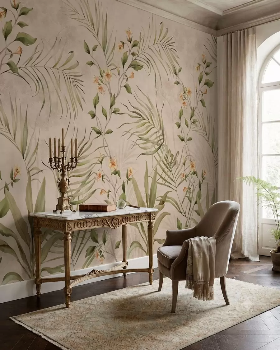 Fotobehang Tropische bladeren en zachte bloemen op een beige achtergrond w05625