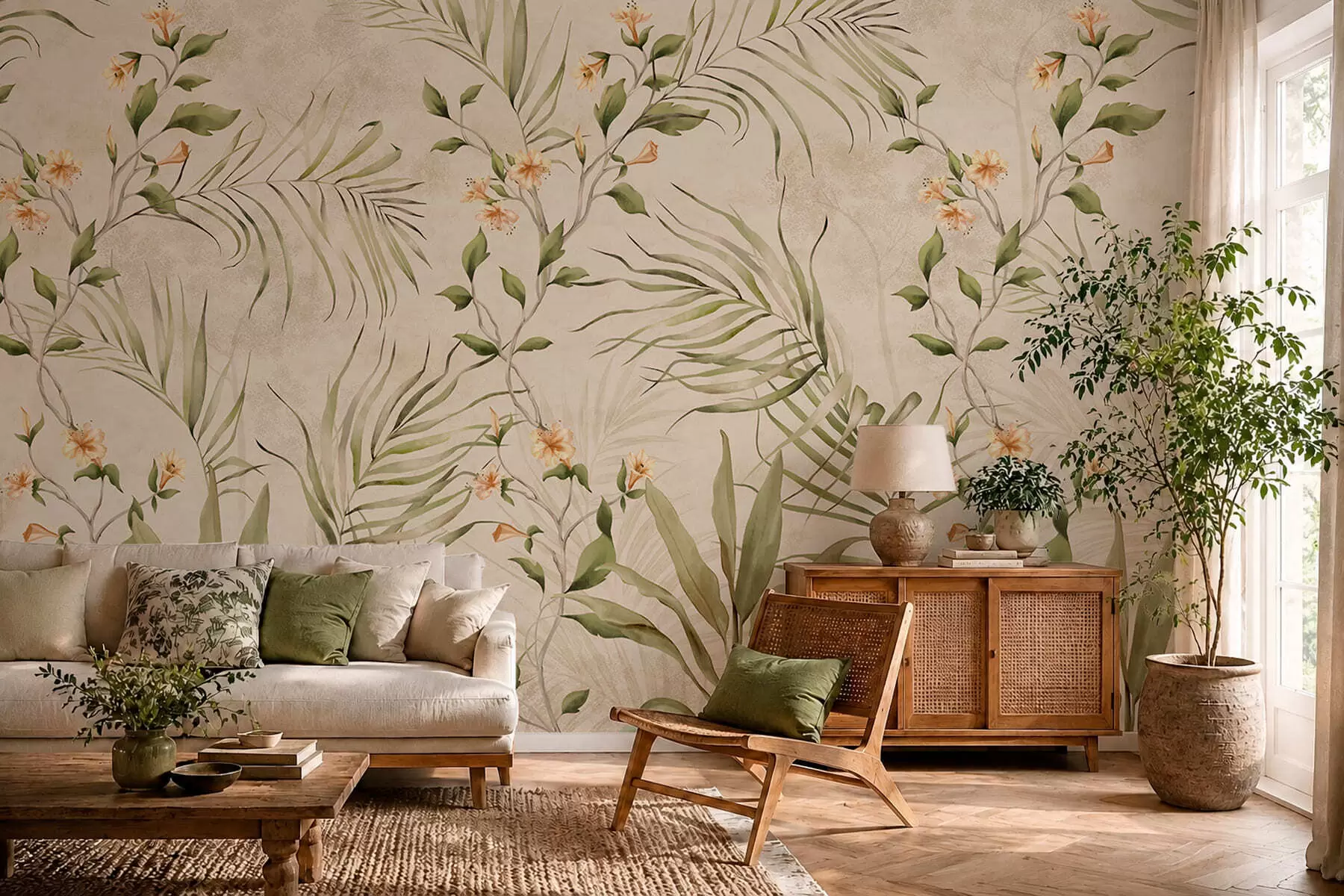 Fotobehang Tropische bladeren en zachte bloemen op een beige achtergrond w05625