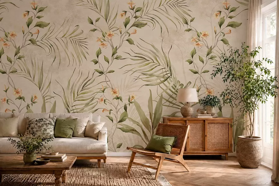 Papier peint photo Feuilles tropicales et fleurs délicates sur fond beige w05625