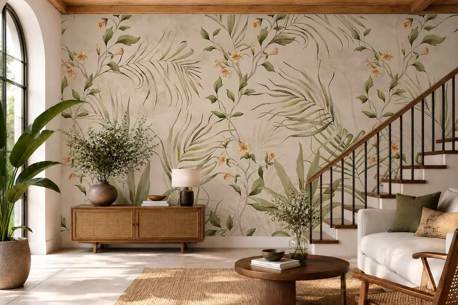 Fotobehang Tropische bladeren en zachte bloemen op een beige achtergrond w05625