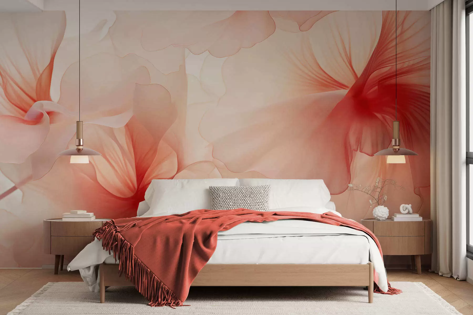 Fotobehang Zachtroze bloemen met luchtige, doorschijnende bloemblaadjes in aquarelstijl, een elegante bloemstuk w05360