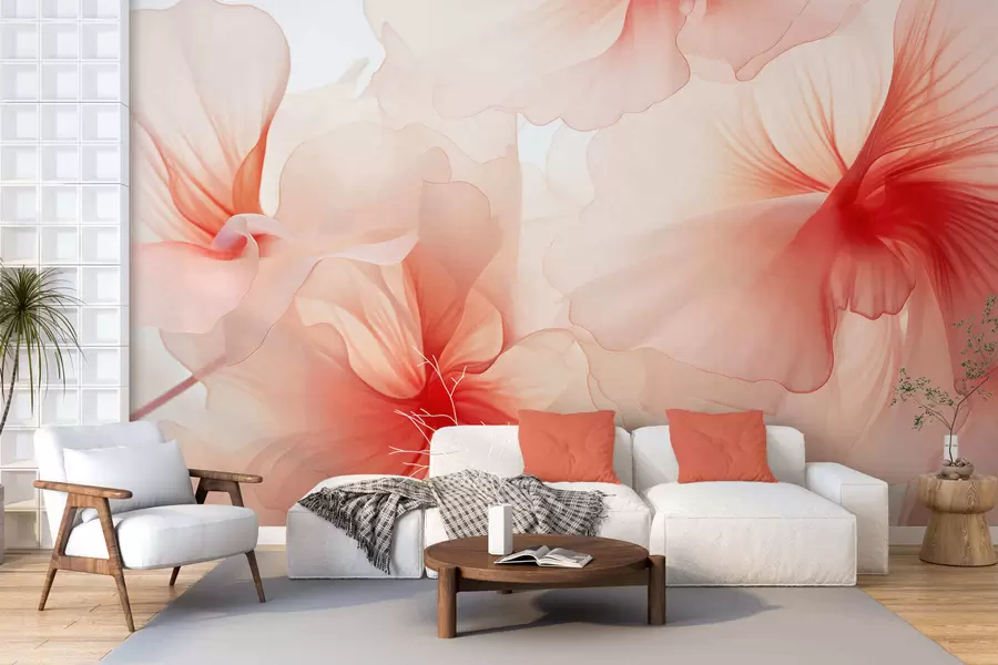Fotobehang Zachtroze bloemen met luchtige, doorschijnende bloemblaadjes in aquarelstijl, een elegante bloemstuk w05360