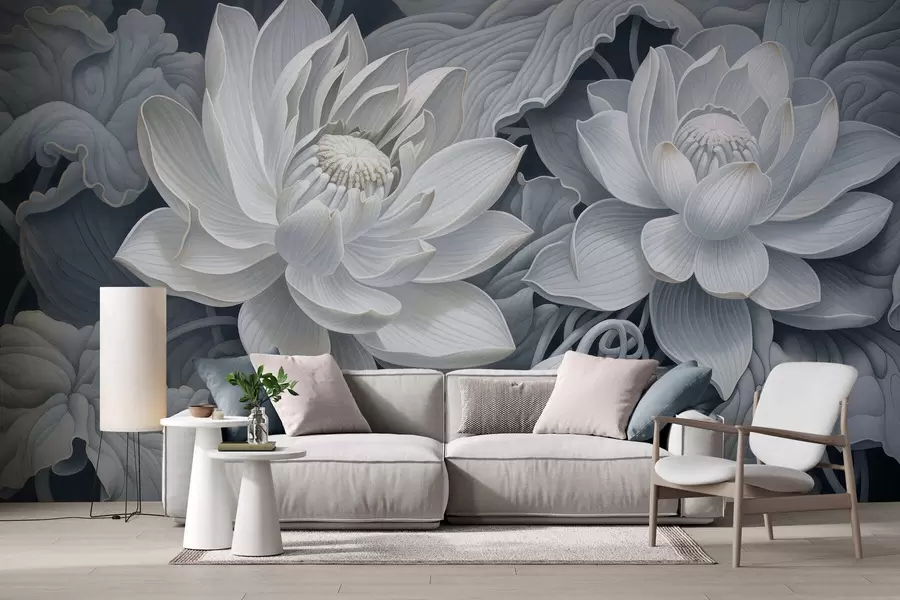 Papier peint photo Fleurs de lotus vintage aux douces nuances sépia et aux pétales finement dessinés, illustration botanique artistique w05494
