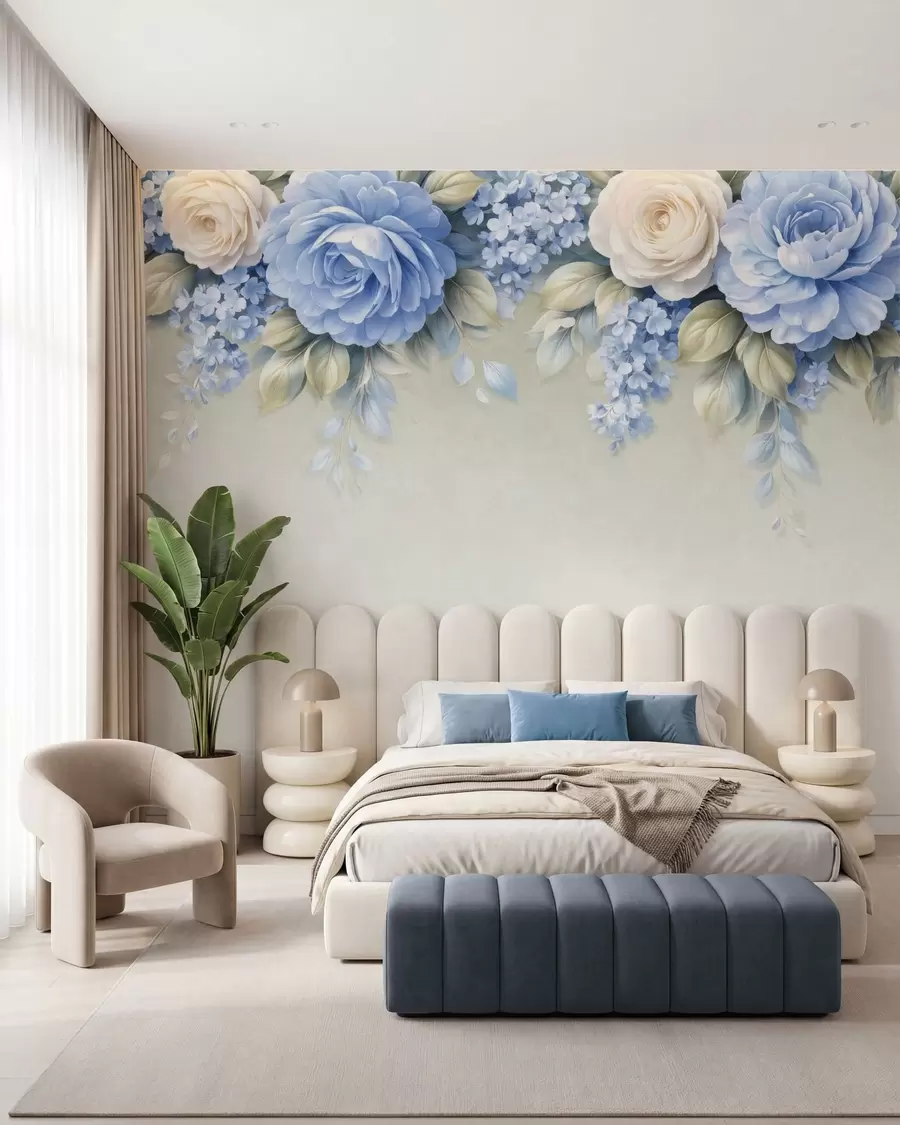 Fotobehang Verfijnde rozen en bloemtrossen in een op porselein geïnspireerde botanische compositie met zacht gelaagde bloemblaadjes en elegante, golvende bladeren w05495