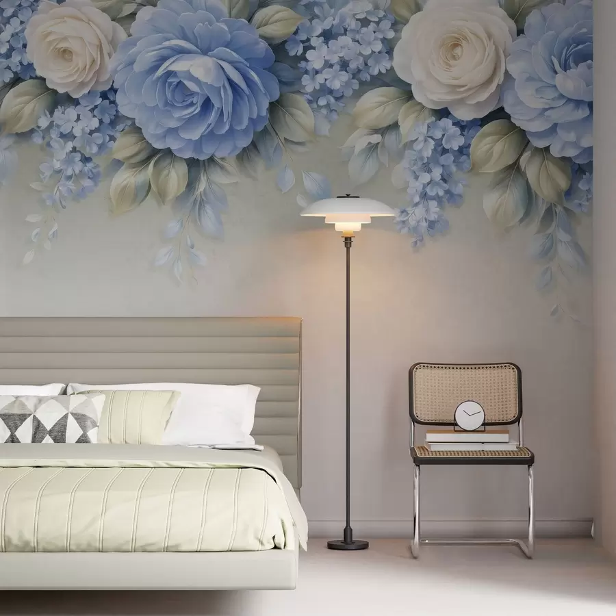 Papier peint photo Des roses délicates et des bouquets floraux dans une composition botanique d'inspiration porcelaine, avec des pétales superposés aux contours doux et des feuilles fluides et élégantes w05495