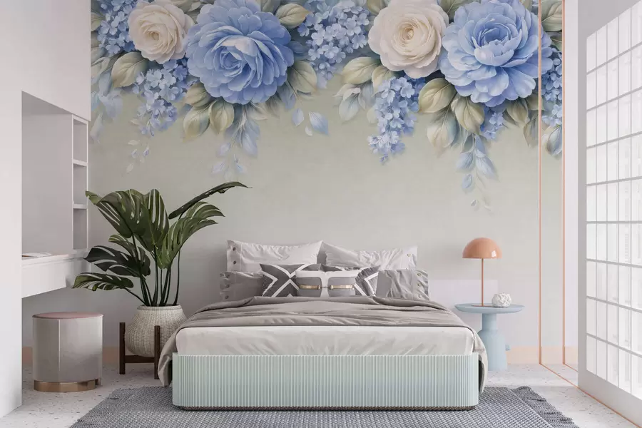 Papier peint photo Des roses délicates et des bouquets floraux dans une composition botanique d'inspiration porcelaine, avec des pétales superposés aux contours doux et des feuilles fluides et élégantes w05495