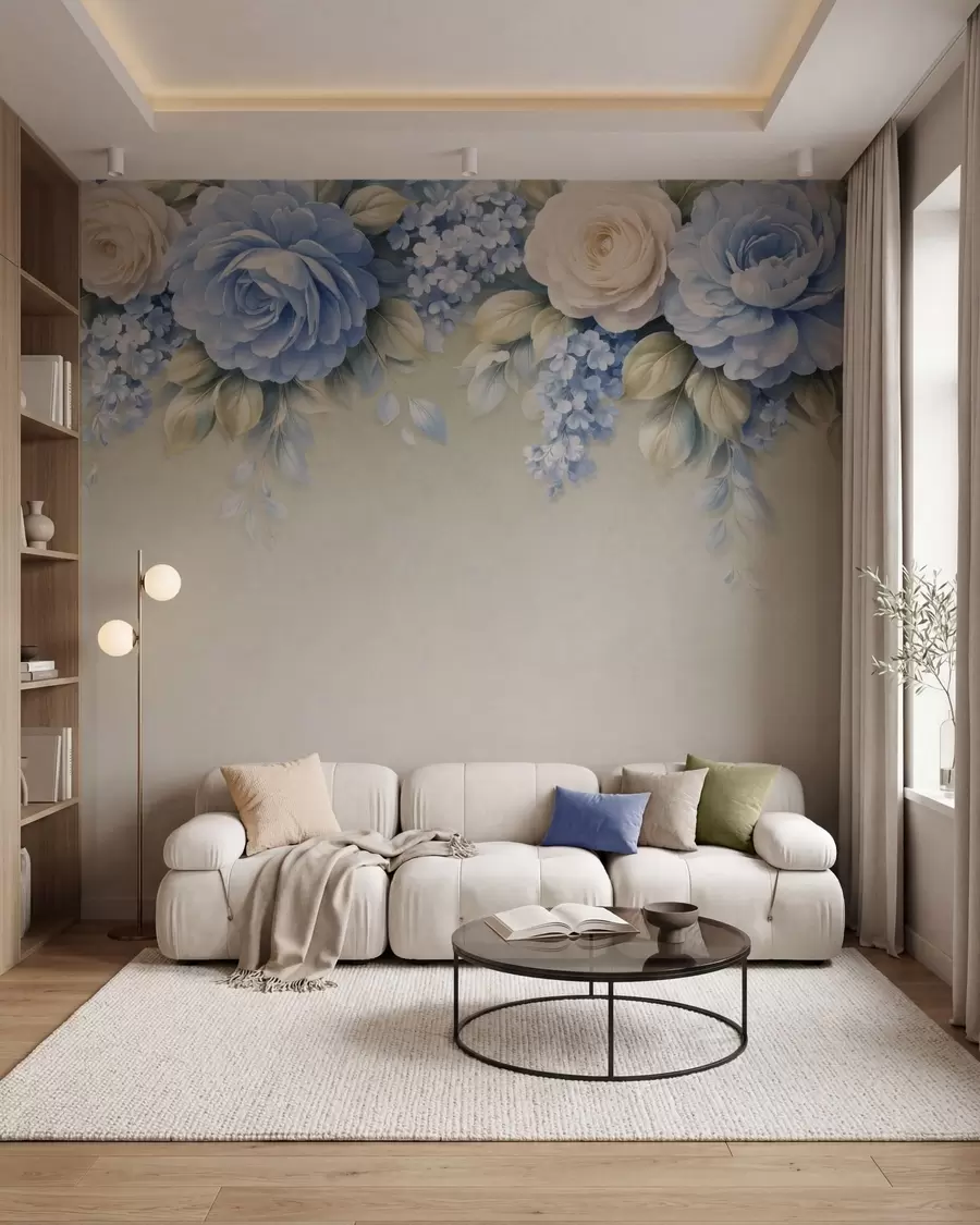 Fotobehang Verfijnde rozen en bloemtrossen in een op porselein geïnspireerde botanische compositie met zacht gelaagde bloemblaadjes en elegante, golvende bladeren w05495