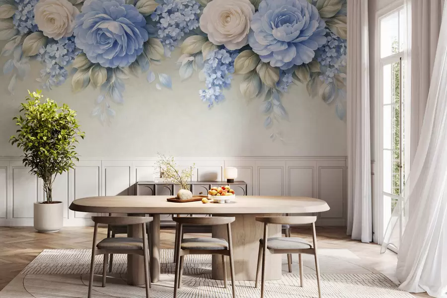 Papier peint photo Des roses délicates et des bouquets floraux dans une composition botanique d'inspiration porcelaine, avec des pétales superposés aux contours doux et des feuilles fluides et élégantes w05495