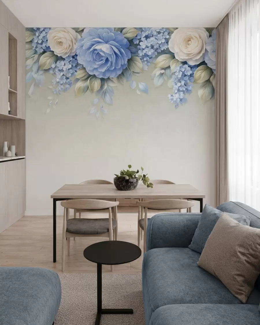 Papier peint photo Des roses délicates et des bouquets floraux dans une composition botanique d'inspiration porcelaine, avec des pétales superposés aux contours doux et des feuilles fluides et élégantes w05495
