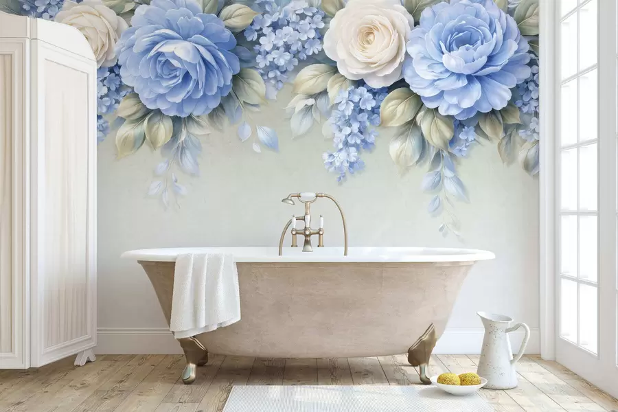 Papier peint photo Des roses délicates et des bouquets floraux dans une composition botanique d'inspiration porcelaine, avec des pétales superposés aux contours doux et des feuilles fluides et élégantes w05495