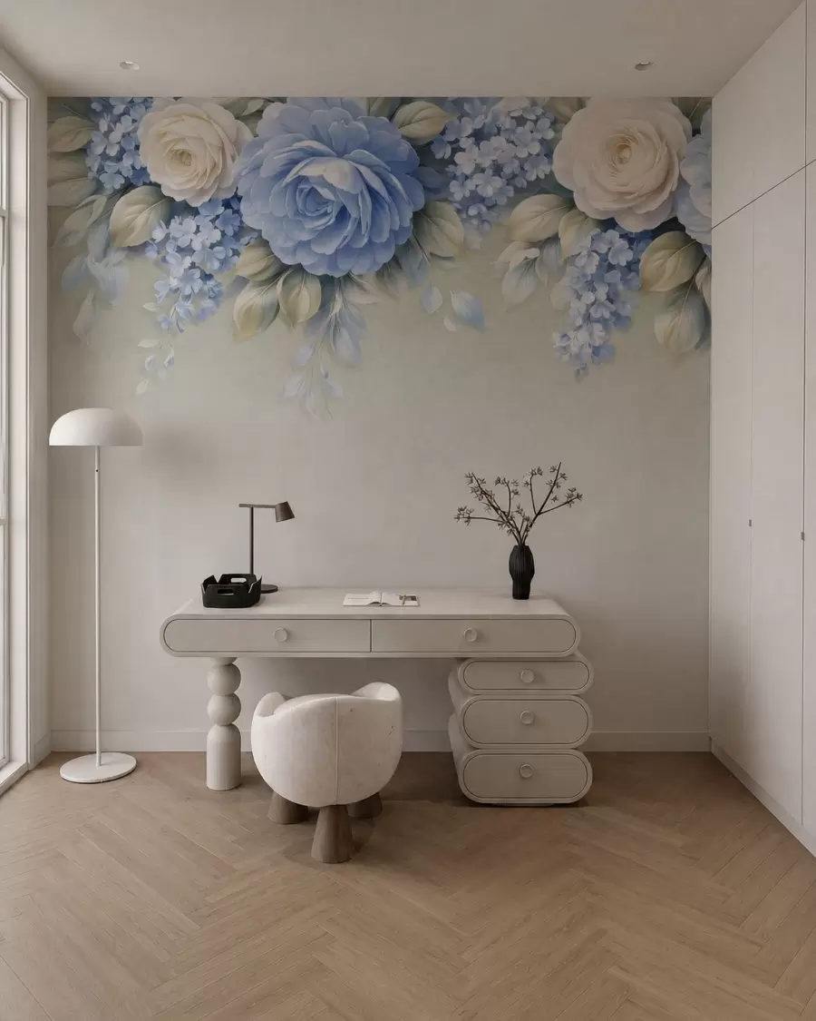 Papier peint photo Des roses délicates et des bouquets floraux dans une composition botanique d'inspiration porcelaine, avec des pétales superposés aux contours doux et des feuilles fluides et élégantes w05495