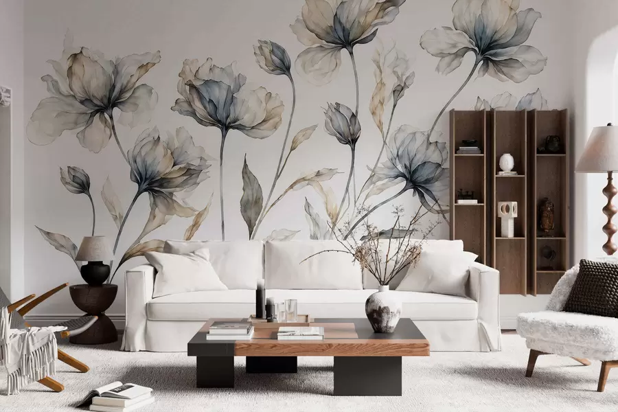 Fotobehang Elegante, luchtige bloemen met doorschijnende, gelaagde bloemblaadjes aan lange, sierlijke stelen w05579