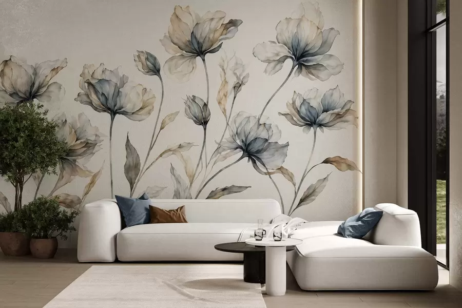 Fotobehang Elegante, luchtige bloemen met doorschijnende, gelaagde bloemblaadjes aan lange, sierlijke stelen w05579