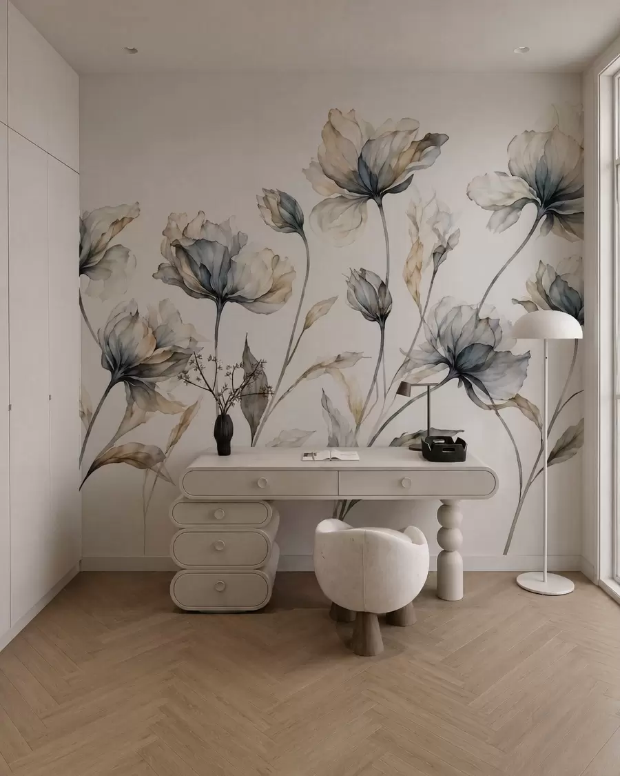 Fotobehang Elegante, luchtige bloemen met doorschijnende, gelaagde bloemblaadjes aan lange, sierlijke stelen w05579