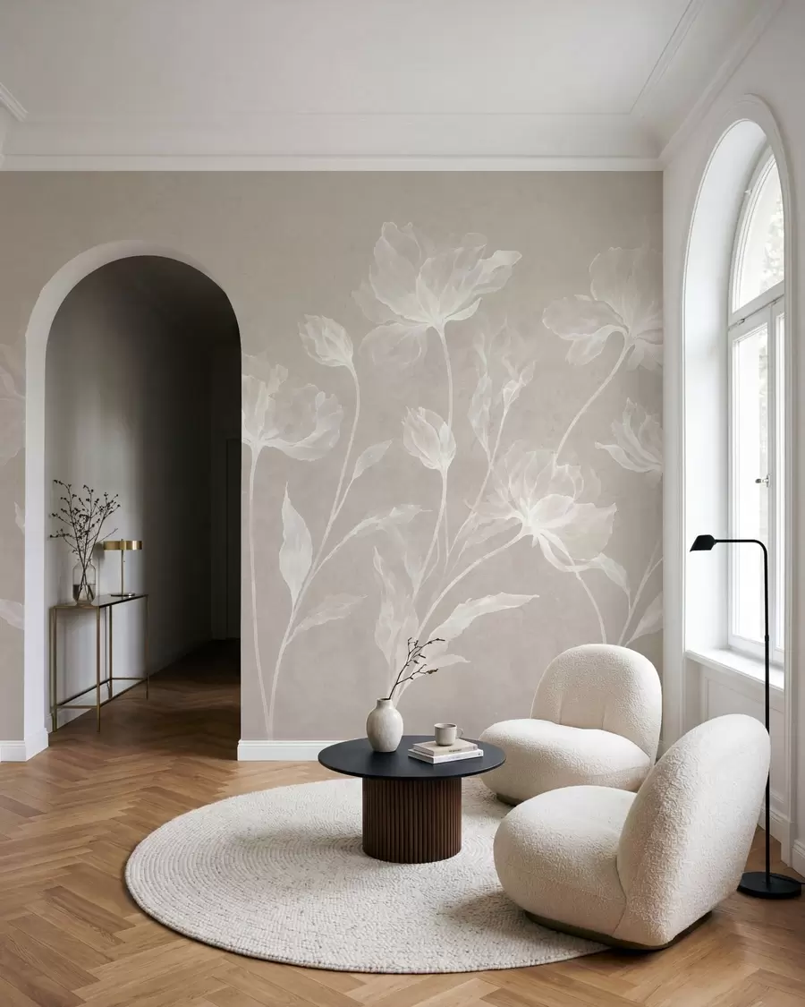 Fotobehang Elegante, luchtige bloemen met doorschijnende, gelaagde bloemblaadjes aan lange, sierlijke stelen w05579v1