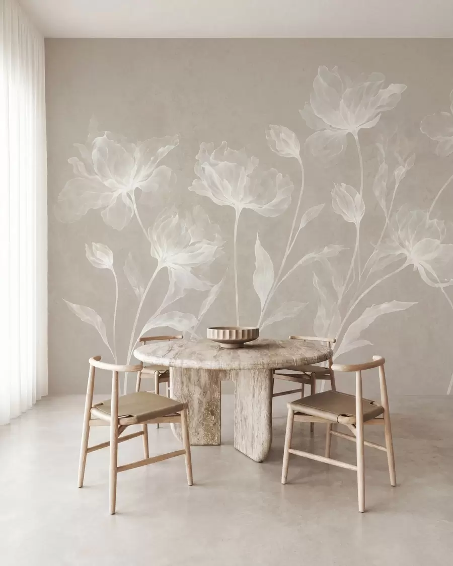 Papier peint photo Des fleurs élégantes et aériennes, aux pétales translucides superposés, portées par de longues tiges délicates w05579v1