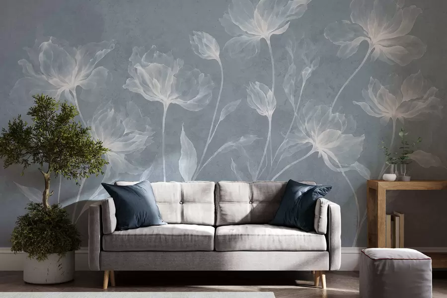 Fotobehang Elegante, luchtige bloemen met doorschijnende, gelaagde bloemblaadjes aan lange, sierlijke stelen w05579v2