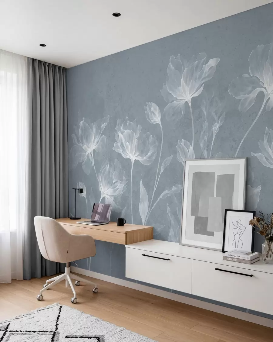 Fotobehang Elegante, luchtige bloemen met doorschijnende, gelaagde bloemblaadjes aan lange, sierlijke stelen w05579v2