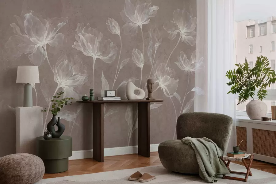 Fotobehang Elegante, luchtige bloemen met doorschijnende, gelaagde bloemblaadjes aan lange, sierlijke stelen w05579v3