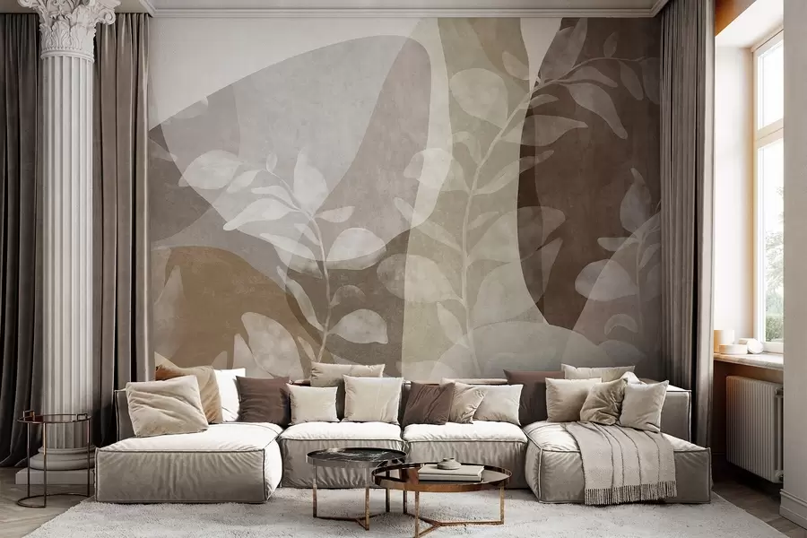 Fotobehang Abstracte vormen in aardetinten worden afgewisseld met transparante botanische elementen en kunst met textuur w09865