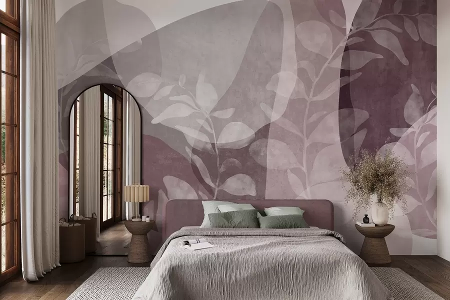 Fotobehang Abstracte vormen in ingetogen tinten worden afgewisseld met transparante botanische elementen en kunst met textuur w09865v1
