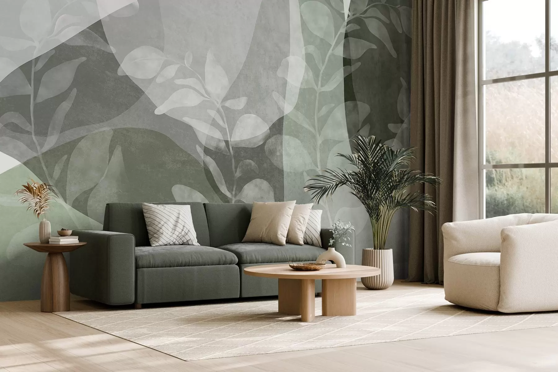 Fotobehang Abstracte vormen in groene tinten vermengen zich met transparante botanische elementen en kunst met textuur w09865v2
