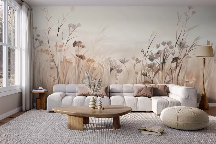 Fotobehang Een veld met wilde bloemen in zachte bruine en beige tinten, met hoog gras en delicate bloemen w09872