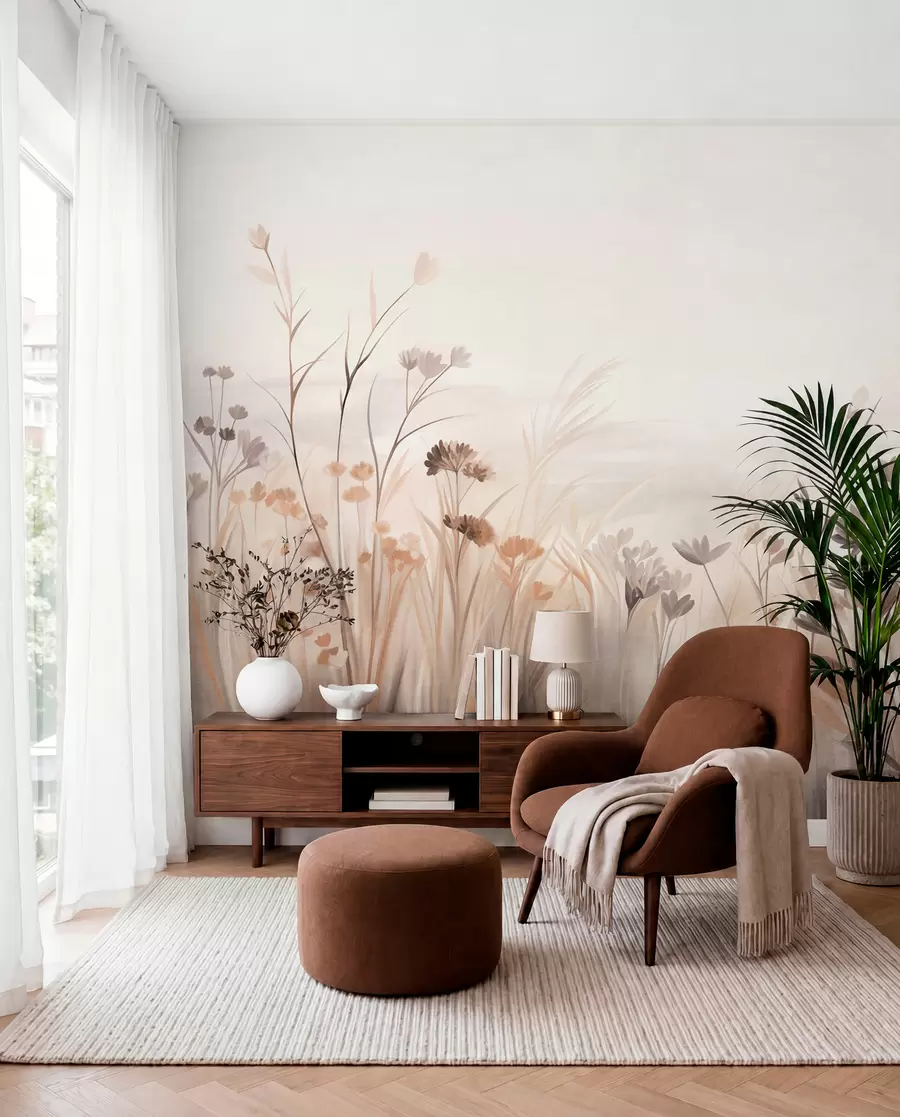 Fotobehang Een veld met wilde bloemen in zachte bruine en beige tinten, met hoog gras en delicate bloemen w09872