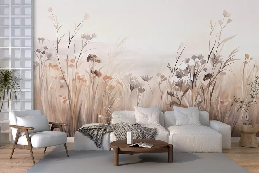 Fotobehang Een veld met wilde bloemen in zachte bruine en beige tinten, met hoog gras en delicate bloemen w09872