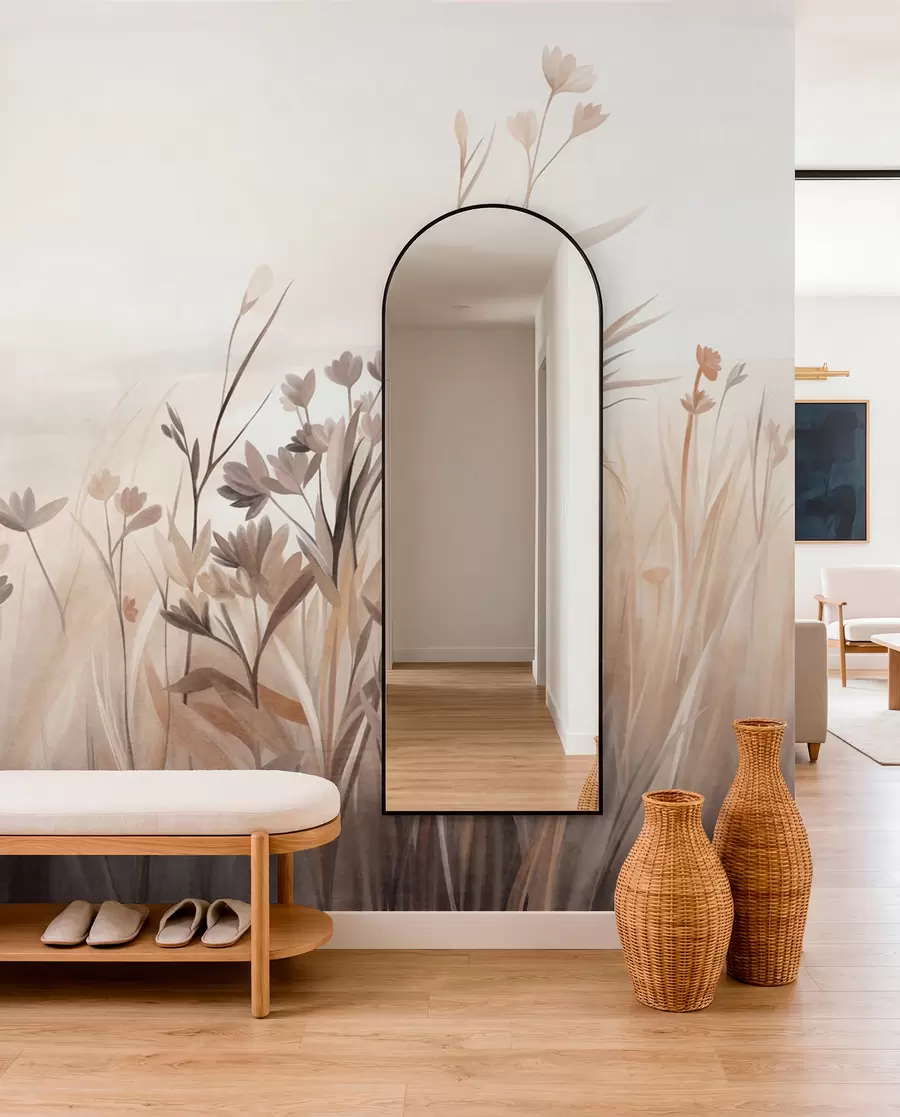 Fotobehang Een veld met wilde bloemen in zachte bruine en beige tinten, met hoog gras en delicate bloemen w09872