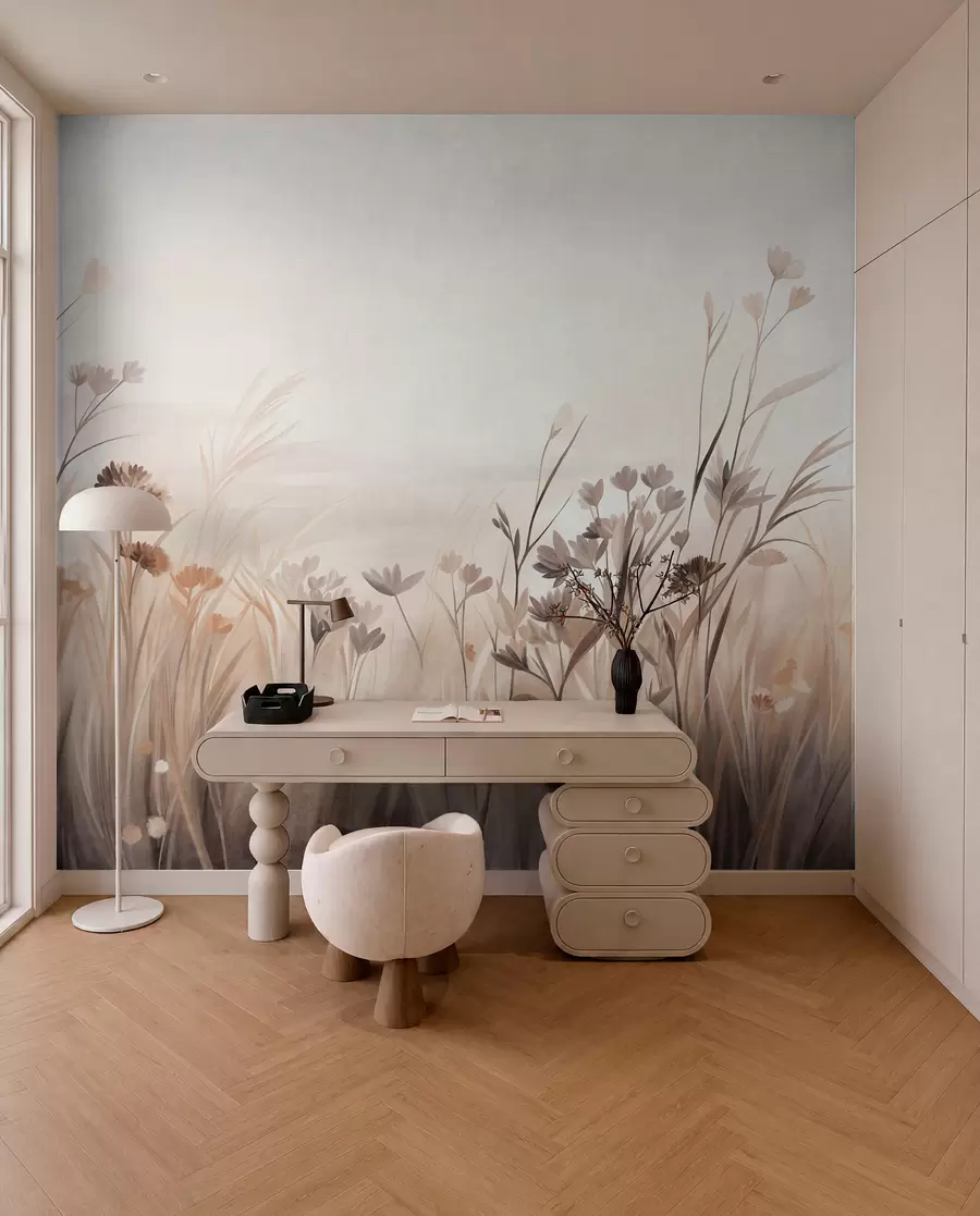 Fotobehang Een veld met wilde bloemen in zachte bruine en beige tinten, met hoog gras en delicate bloemen w09872